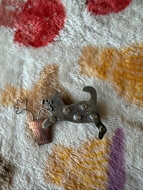 Whimsical Cat & Potted Plant Metal Pin - Gray and Copper Accent